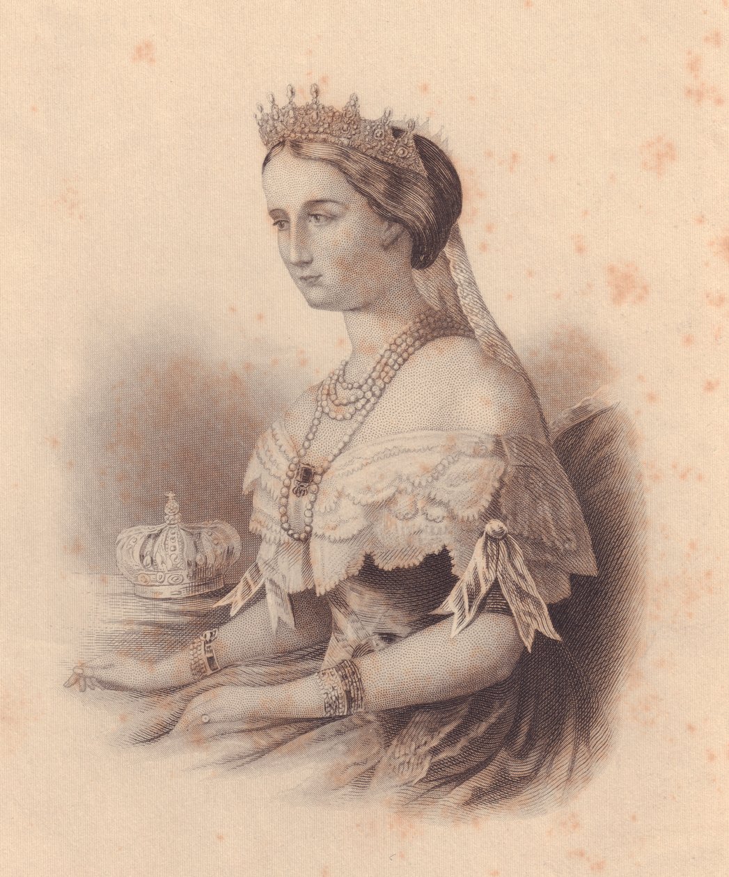 欧亨尼娅-德-蒙蒂霍-德-古斯曼（1826-1920）的肖像，法国皇后，拿破仑三世-波拿巴的妻子，W-韦尔斯托德的雕刻作品，来自美国的《女士资料库》，约1870年。 作者 JB 和 Brown J. 和 Rowbotham