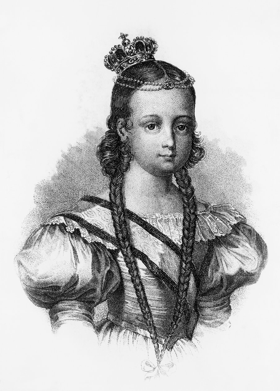 伊莎贝尔二世（1830-1904）的肖像，1833年至1868年的西班牙女王，雕版画 作者 JB 和 Brown J. 和 Rowbotham