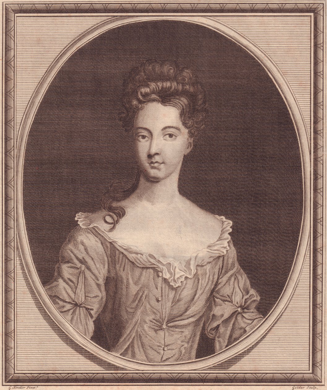 拉内拉伯爵夫人玛格丽特-塞西尔（1672或1673-1728）的肖像，约翰-戈尔达（1729-1795）根据G-奈勒的画作雕刻的铜版画。 作者 JB 和 Brown J. 和 Rowbotham