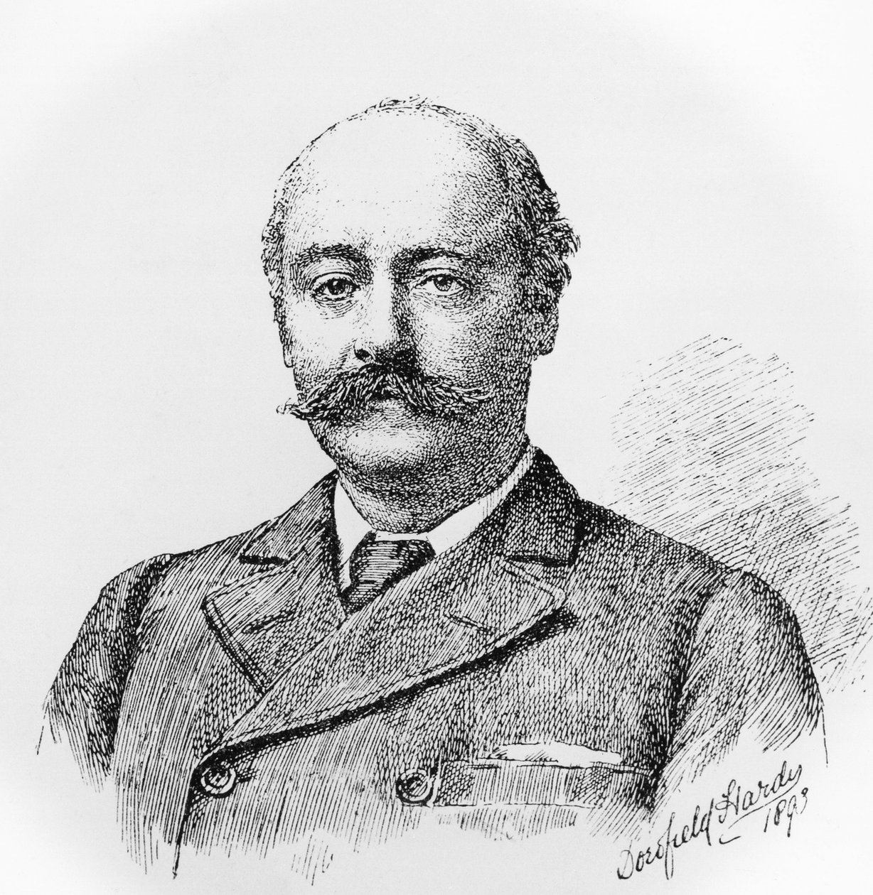 查尔斯-休伯特-黑斯廷斯-帕里爵士（1848-1918）的肖像，英国作曲家、教师和音乐史学家，根据多罗菲尔德-哈迪（1853-1937）的画作雕刻的。 作者 JB 和 Brown J. 和 Rowbotham