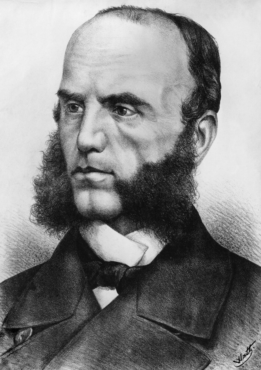 Wilhelm von Tegetthoff (1827-1871)的肖像，奥地利海军上将，他在1864年第二次石勒苏益格战争和1866年普奥战争中指挥海军，根据瓦特的画作雕刻的。 作者 JB 和 Brown J. 和 Rowbotham