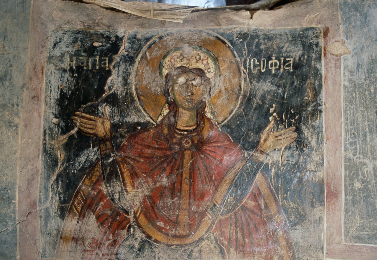 希腊克里特岛Komitades的Agios Georgios教堂里的圣人、壁画墙（照片）。 作者 JB 和 Brown J. 和 Rowbotham