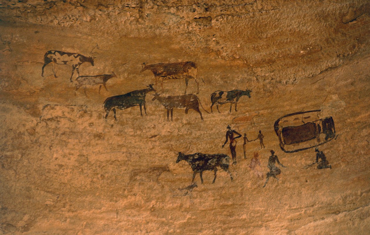 有牲畜的日常生活场景，岩画，Tassili n