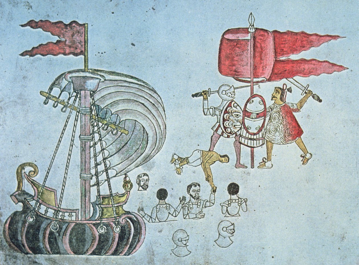 1519年，埃尔南-科尔特斯的西班牙士兵涉水上岸与阿兹特克人作战，抄自《阿兹卡特兰法典》，约1550年（彩色平印）。 作者 JB 和 Brown J. 和 Rowbotham