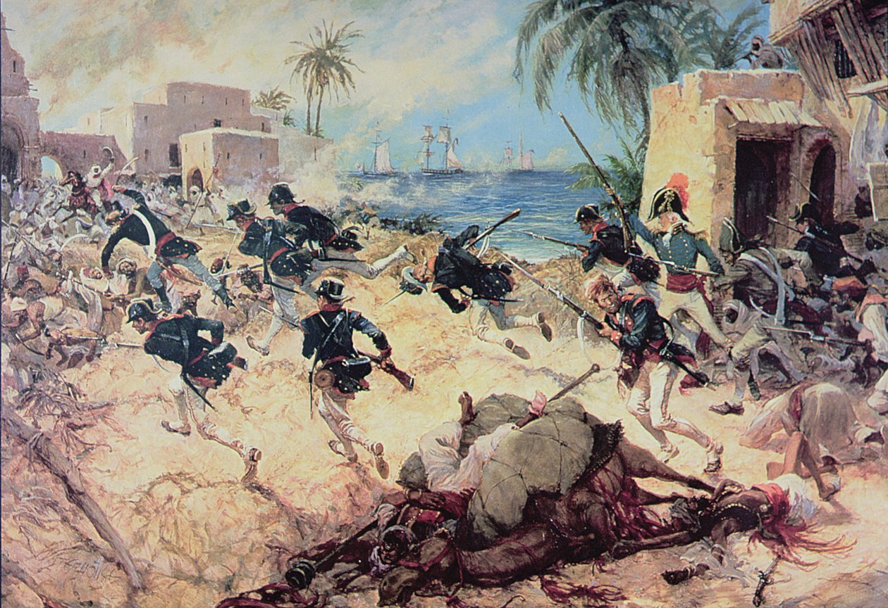 美国海军陆战队夺取的黎波里德尔纳的巴巴里海盗堡垒，1805年4月27日（纸上水彩）。 作者 CH沃特豪斯