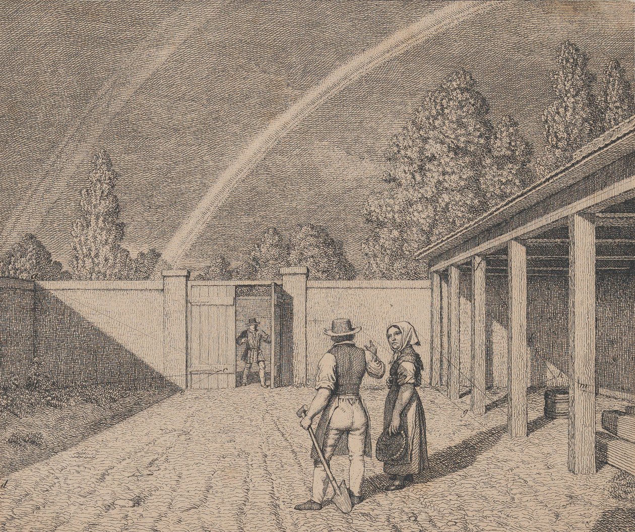 一对夫妇在马厩院子里交谈，头顶上有双彩虹，来自《线性视角》，1841年。 作者 克里斯托弗·威廉·埃克斯伯格