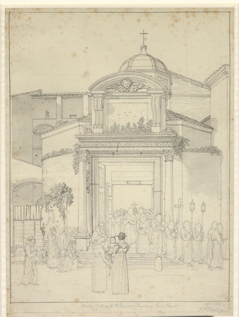Church sta.Cosmos e Sta.达米安神庙（罗摩洛斯和雷莫斯神庙），僧侣们列队走出教堂大门。 作者 克里斯托弗·威廉·埃克斯伯格