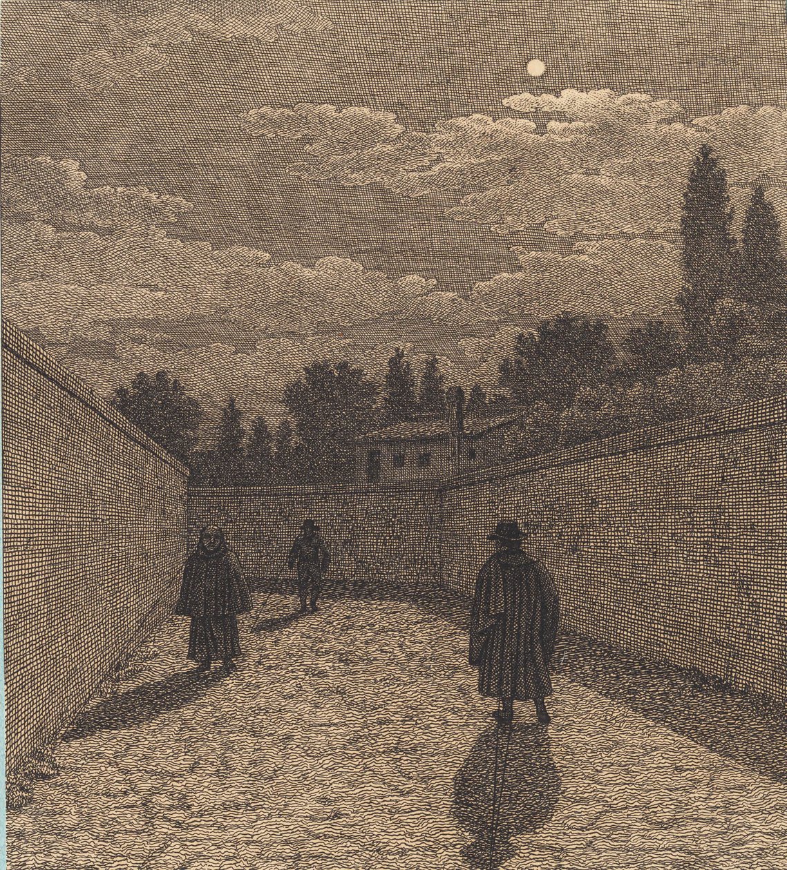 月光下的道路和三个人物。Linearperspectiven" 插图，第四幅 作者 克里斯托弗·威廉·埃克斯伯格