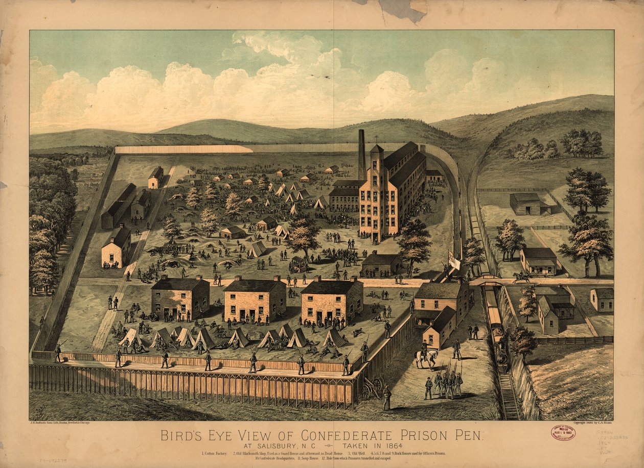 1864 年拍摄的北卡罗来纳州索尔兹伯里邦联监狱鸟瞰图 作者 加利福尼亚州； JH 布福德父子 Lith Kraus