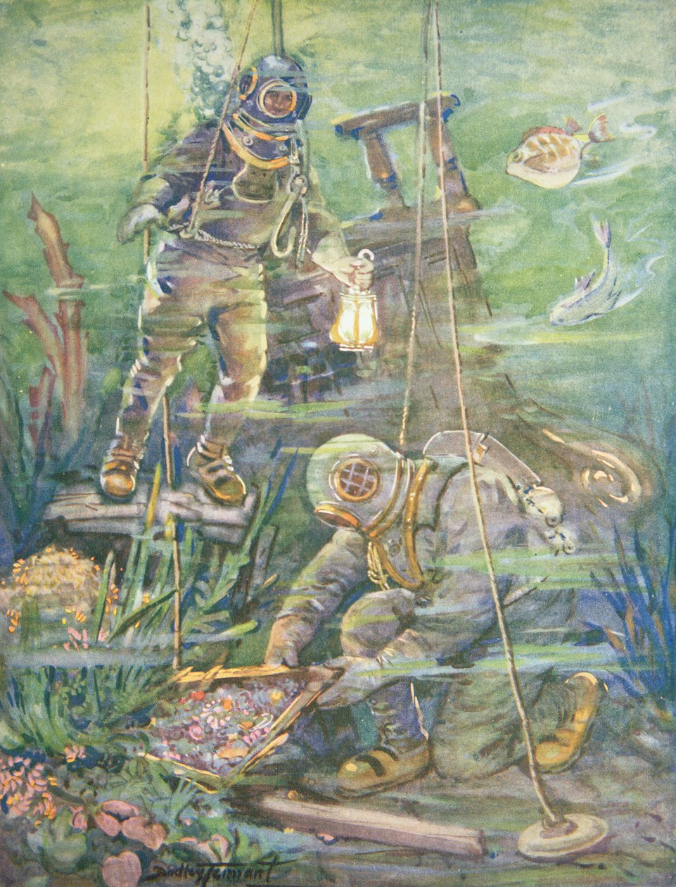 深海潜水员发现沉船宝藏，约 1890 年代（彩色石版画） 作者 C·达德利·坦南特