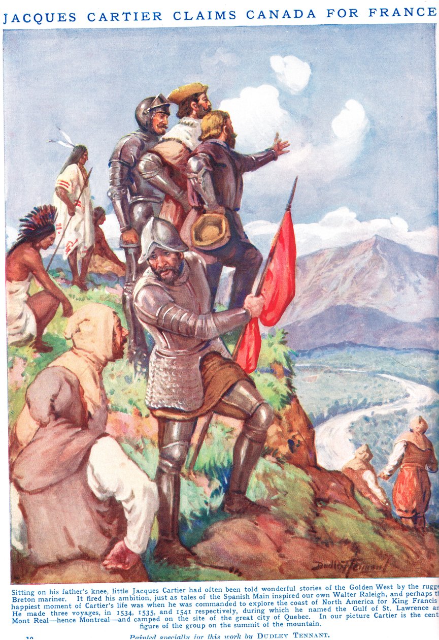 雅克·卡地亚 (Jacques Cartier) 宣称加拿大为法国，插图来自《纽恩知识图画书》（彩色平版印刷） 作者 C·达德利·坦南特