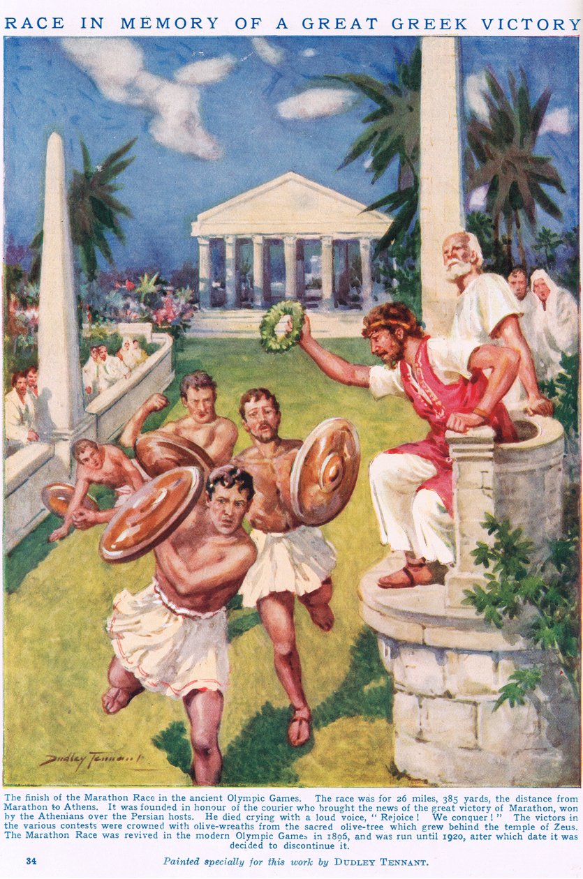 马拉松：纪念希腊伟大胜利的比赛，插图来自“纽尼斯知识图画书”（彩色平版印刷） 作者 C·达德利·坦南特