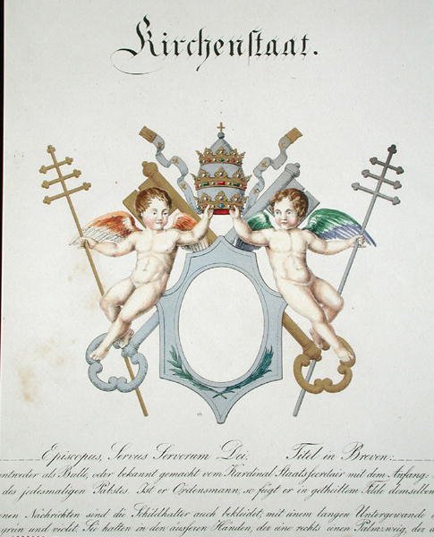 梵蒂冈教会国家的徽章，摘自在德国出版的水彩画集，约1830-33年（彩色平印）。 作者 希尔德布兰特
