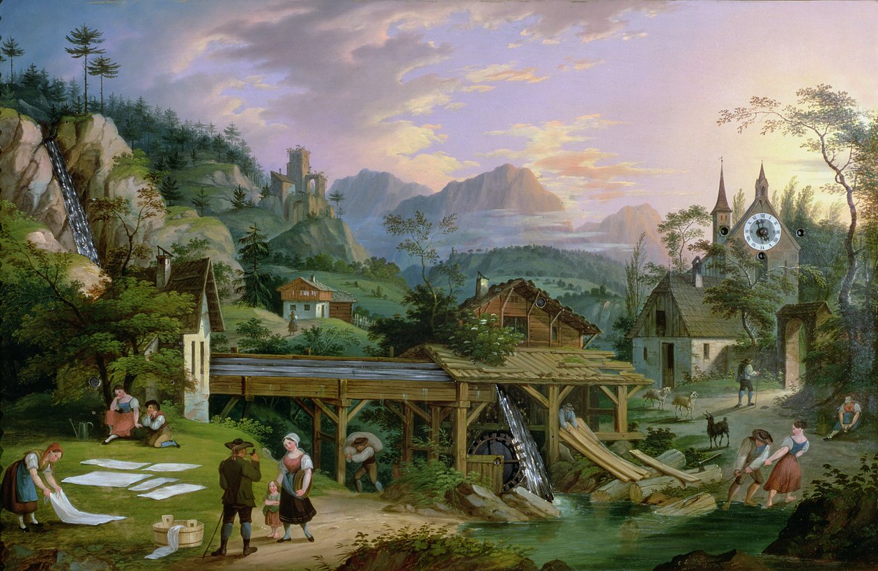 图片时钟与高山村庄景观与时钟机制在教堂塔楼，1833年（铁板上的油） 作者 霍夫迈斯特