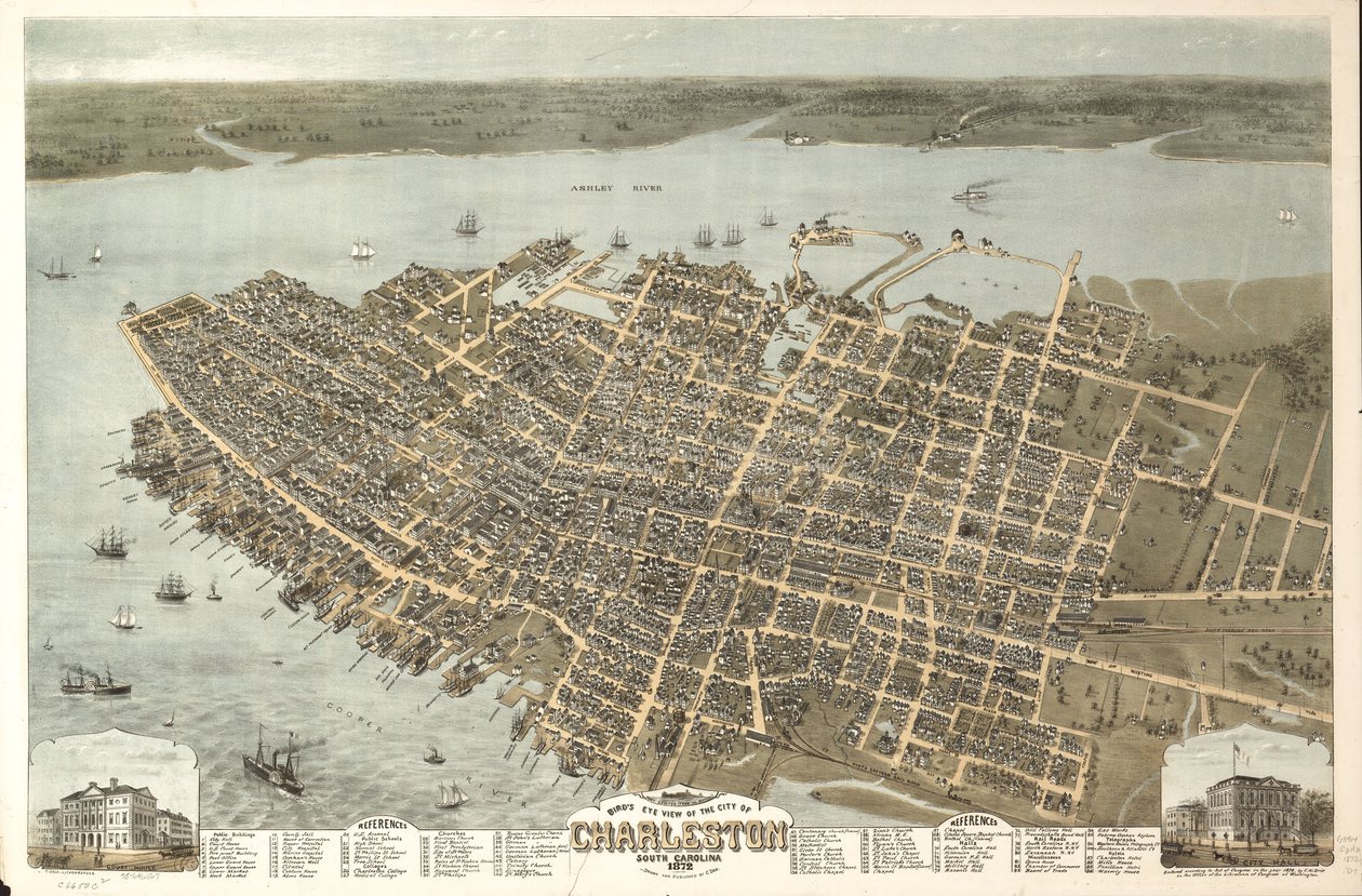 南卡罗来纳州查尔斯顿市鸟瞰图，1872 年。LOC 75696567 作者 国三
