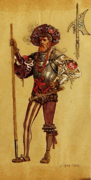 An Armoured Courtier，As You Like It的服装设计，由R.Courtneidge在曼彻斯特王子剧院制作。 作者 C.威廉