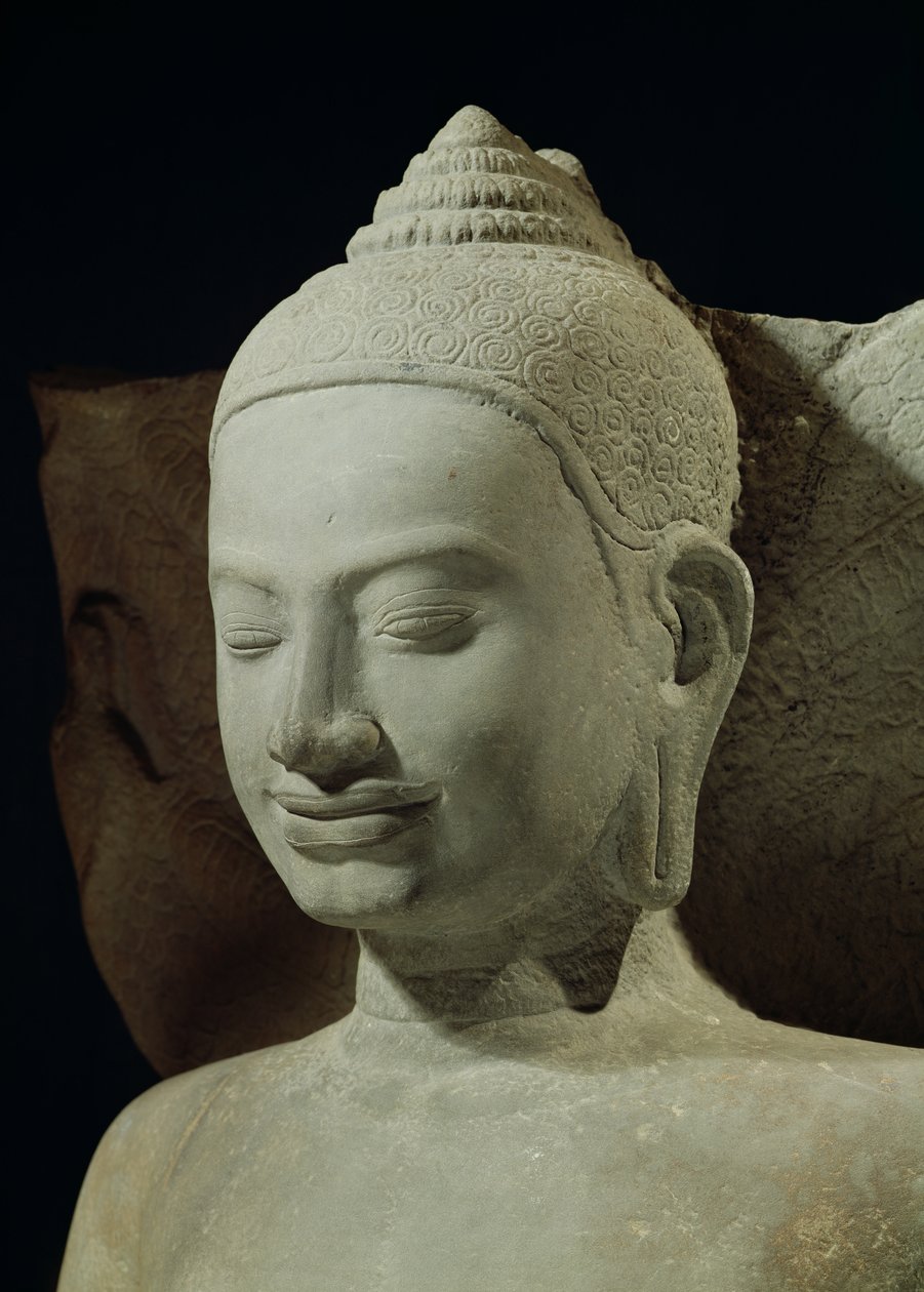 佛陀在纳迦王上的冥想，Mucilinda，佛头的细节，从Preah Khan，Bayon风格，12-13世纪砂岩 作者 柬埔寨学派
