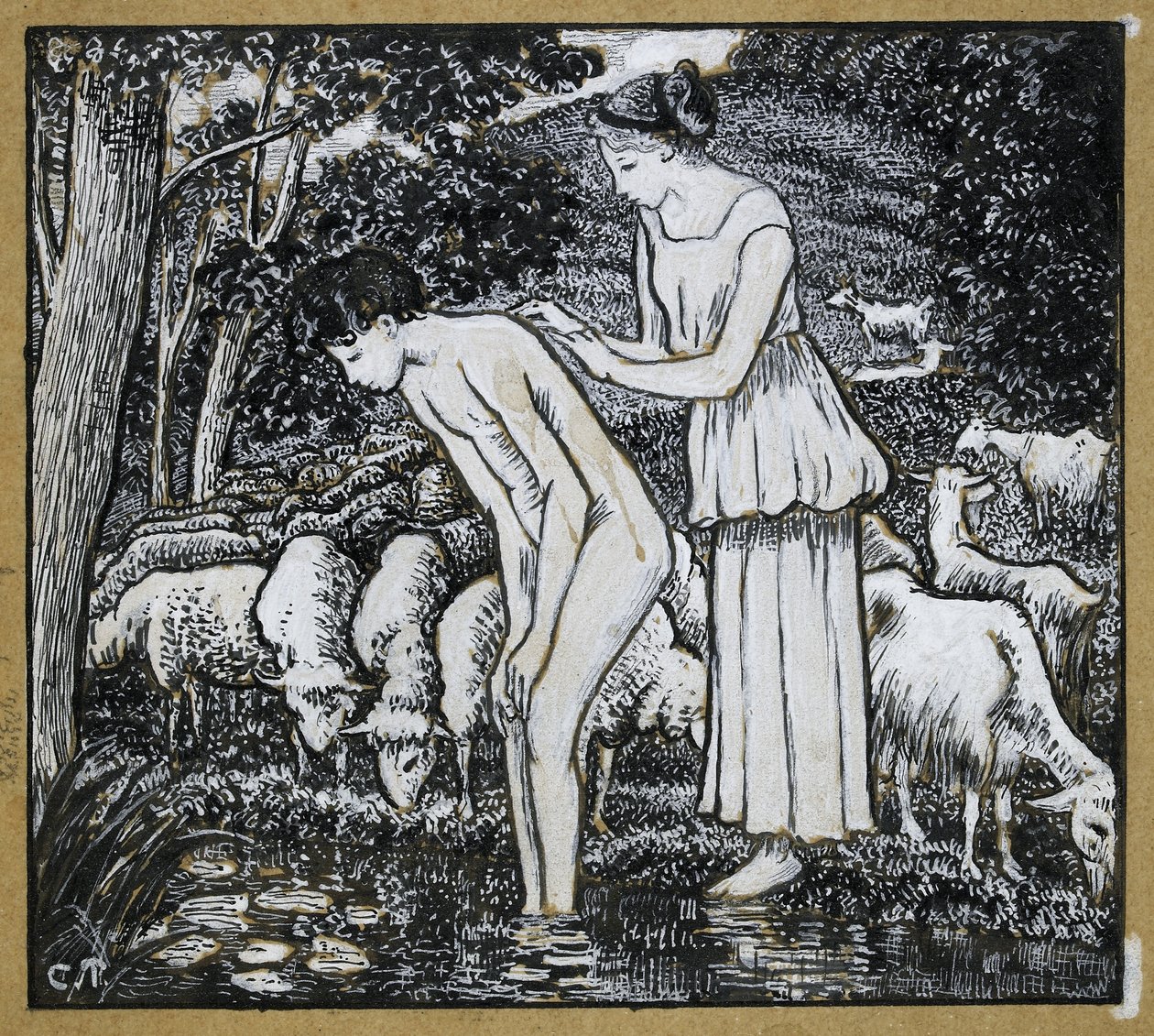 Chloë在一条溪流中洗涤Daphnis，为&39;Daphnis和Chloë&39;的插图组成研究，c。 1895年（钢笔和印度墨水用铅笔在描图纸上用中文白色） 作者 卡米尔·雅各布·毕沙罗