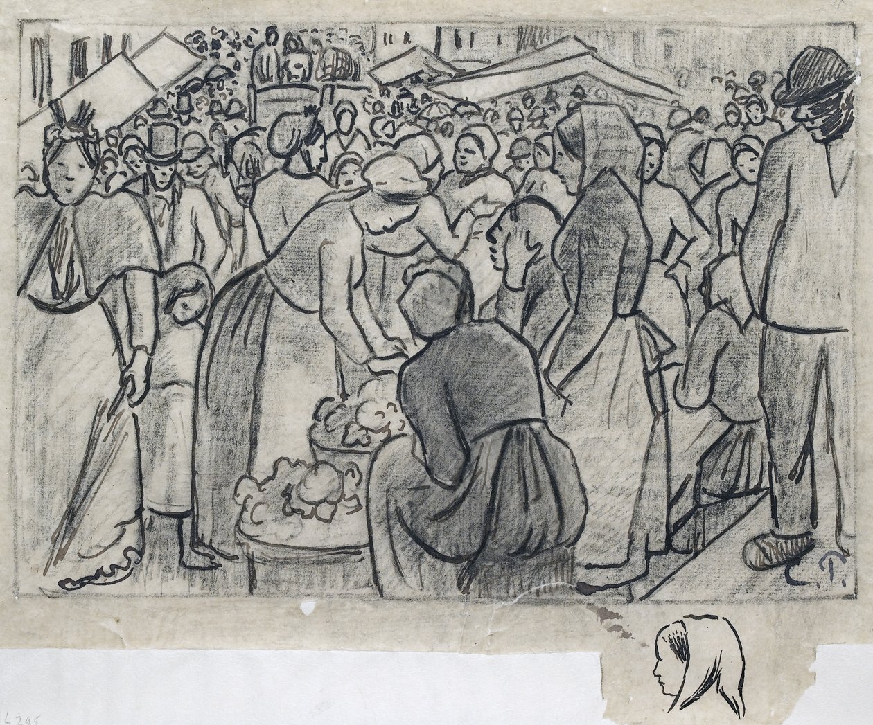 “Gisors市场（rue Cappeville）”的成分研究，研究了一个面向左下方的女性头部，c。 1893年（笔和印度墨水用木炭和铅笔在描图纸上） 作者 卡米尔·雅各布·毕沙罗