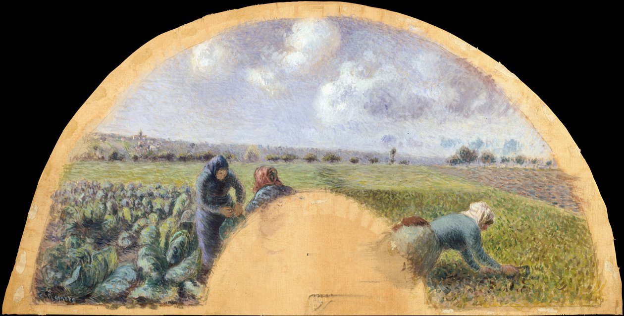 Fan Mount：The Cabbage Gatherers，c.1878-79（丝绸上的水粉） 作者 卡米尔·雅各布·毕沙罗