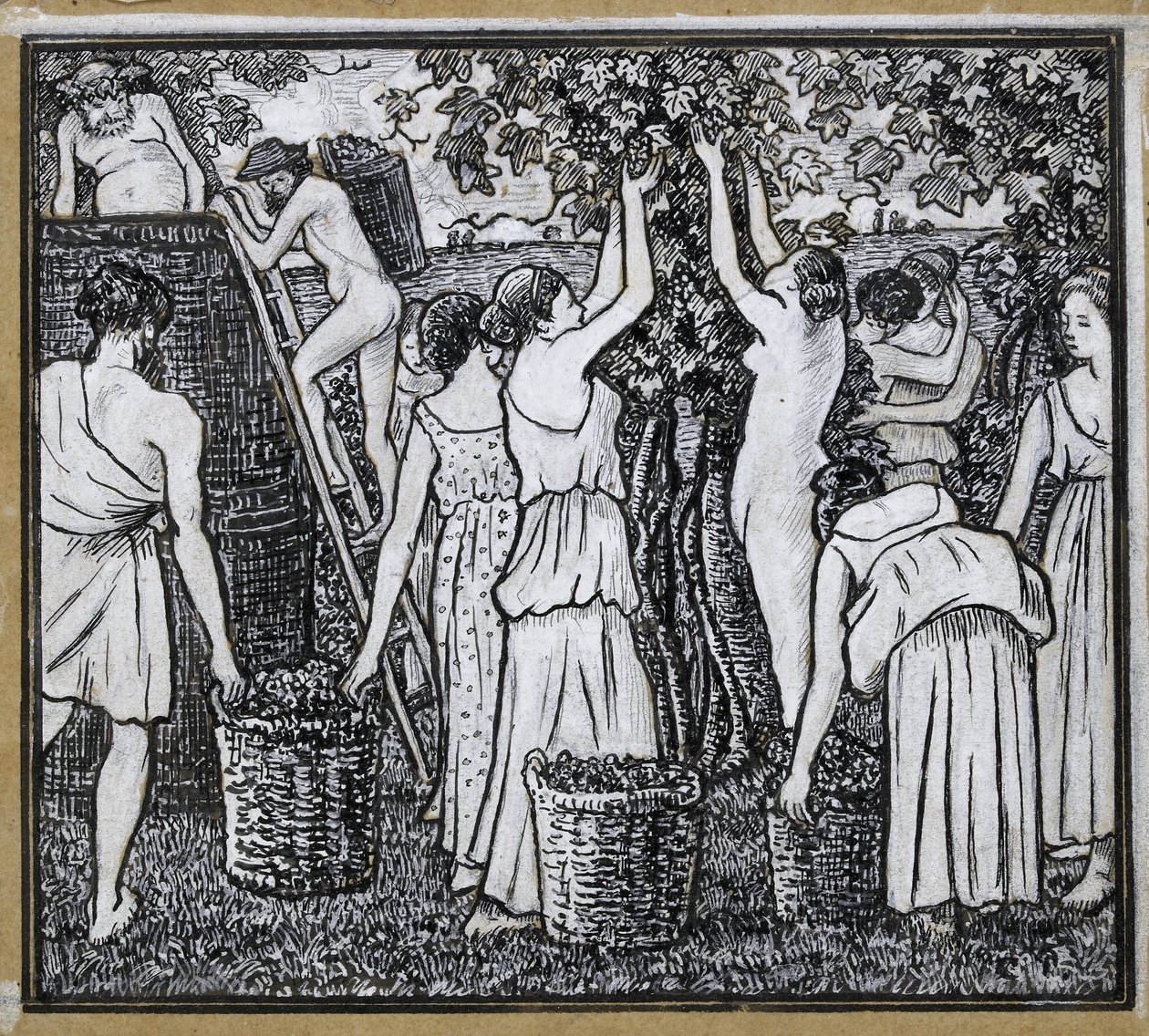 葡萄收获，成分研究为&39;Daphnis和Chloë&39;，c。 1895年（钢笔和印度墨水用铅笔在中国白色的描图纸上放下卡片） 作者 卡米尔·雅各布·毕沙罗