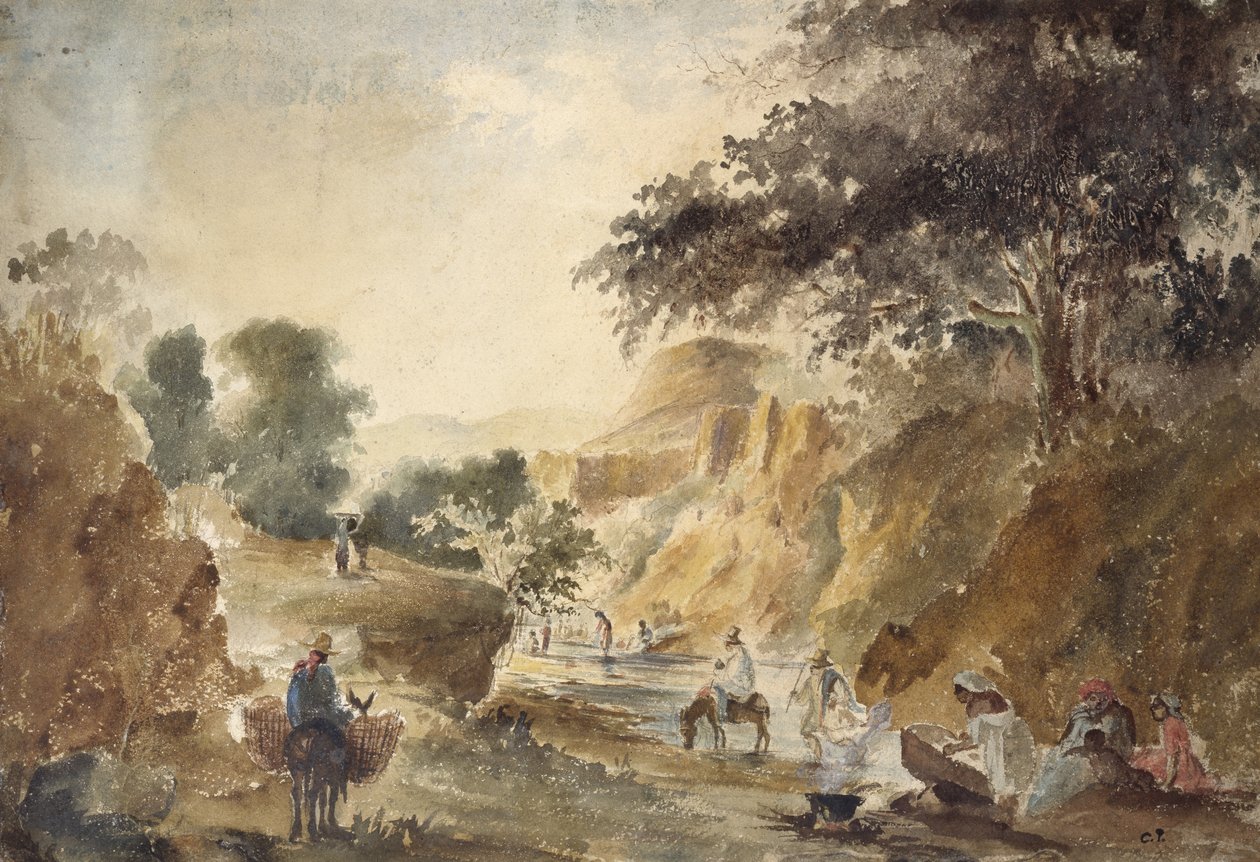 风景与河边的数字，1853年 -  1854年（铅笔水彩） 作者 卡米尔·雅各布·毕沙罗