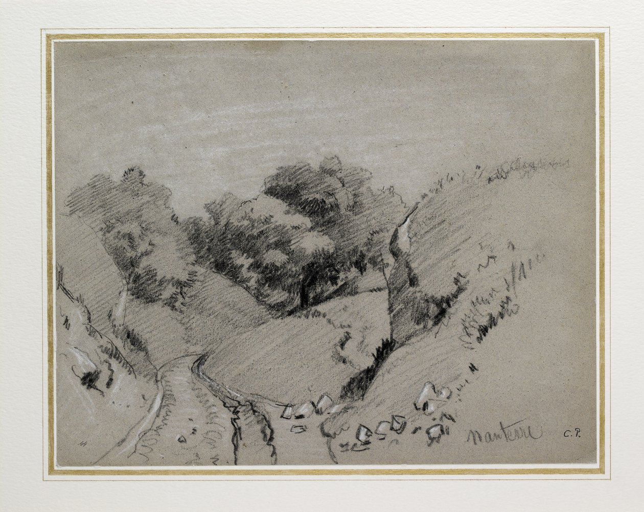 Nanterre，c。 1860年（木炭在灰纸上用白色粉笔加高） 作者 卡米尔·雅各布·毕沙罗