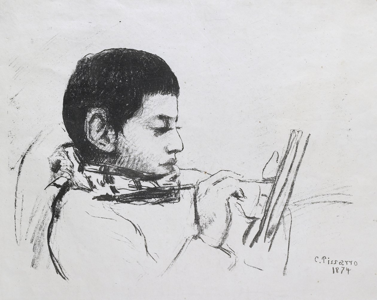 Lucien Pissarro的肖像，1874年（石版画） 作者 卡米尔·雅各布·毕沙罗
