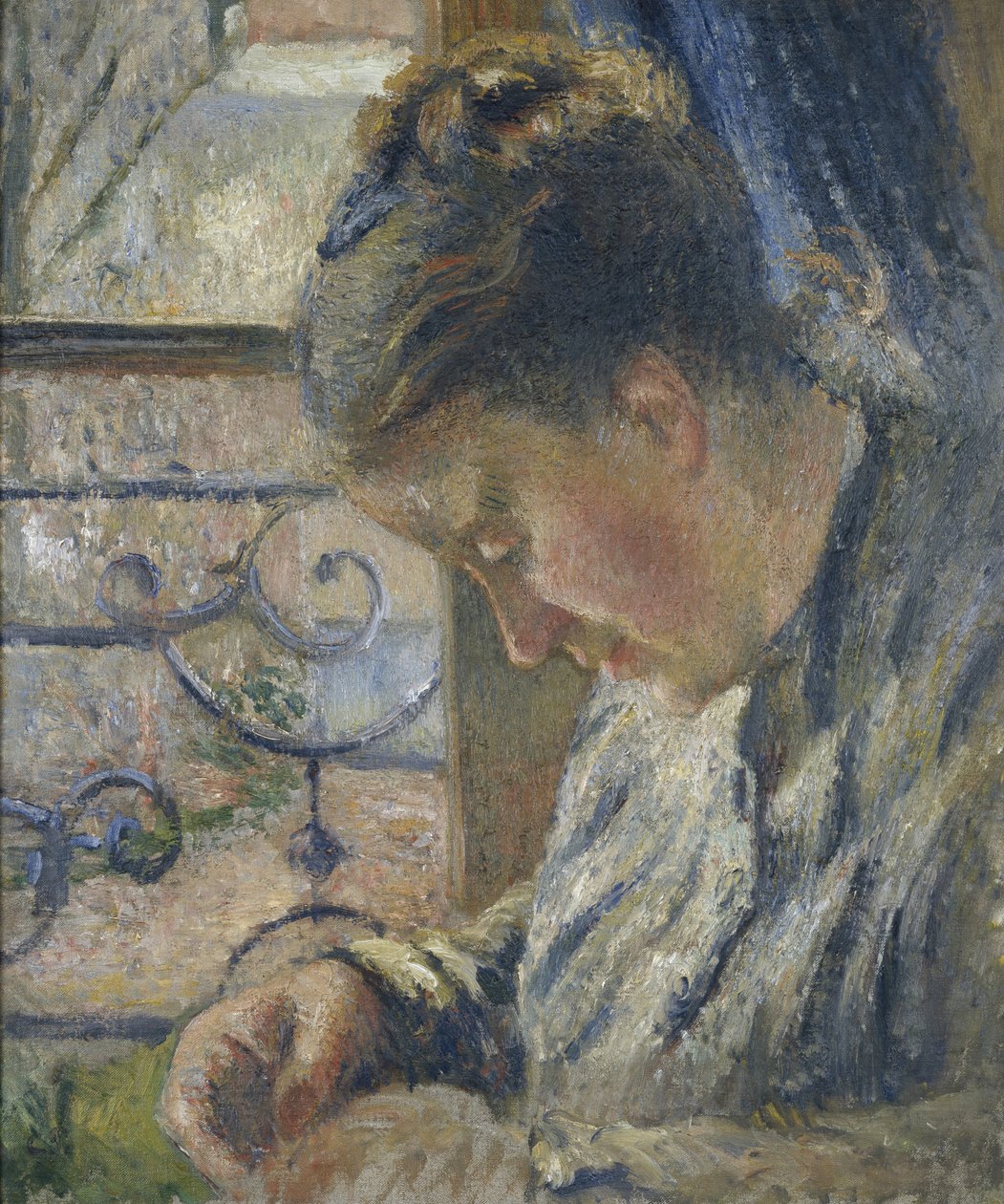握在窗口旁边的夫人Pissarro画象，19世纪 作者 卡米尔·雅各布·毕沙罗