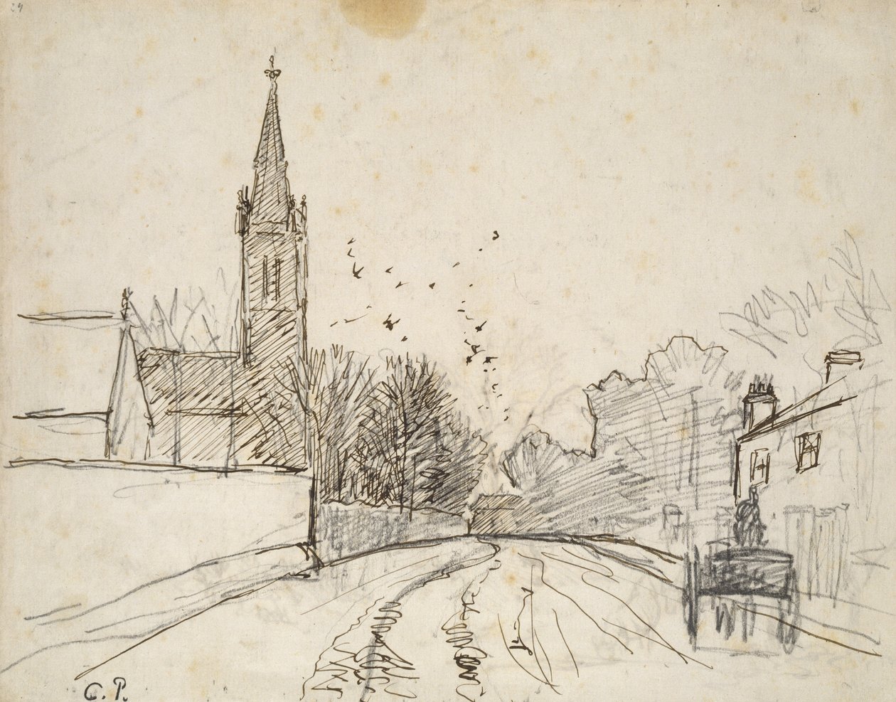 Recto：伦敦上诺伍德的研究，与All Saints Church，1871年（笔和棕色墨水在石墨上） 作者 卡米尔·雅各布·毕沙罗