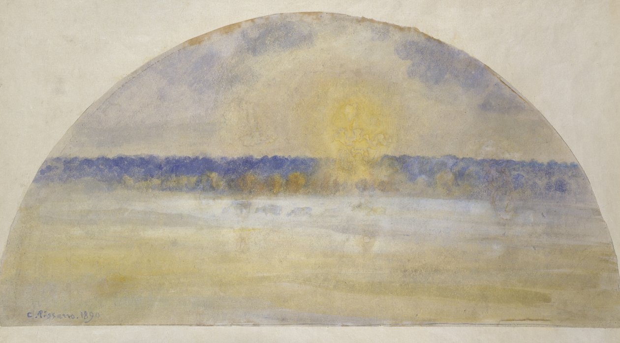 夕阳和雾，Eragny（水彩与日本纸上的蛋彩画混合放在日本velum上） 作者 卡米尔·雅各布·毕沙罗
