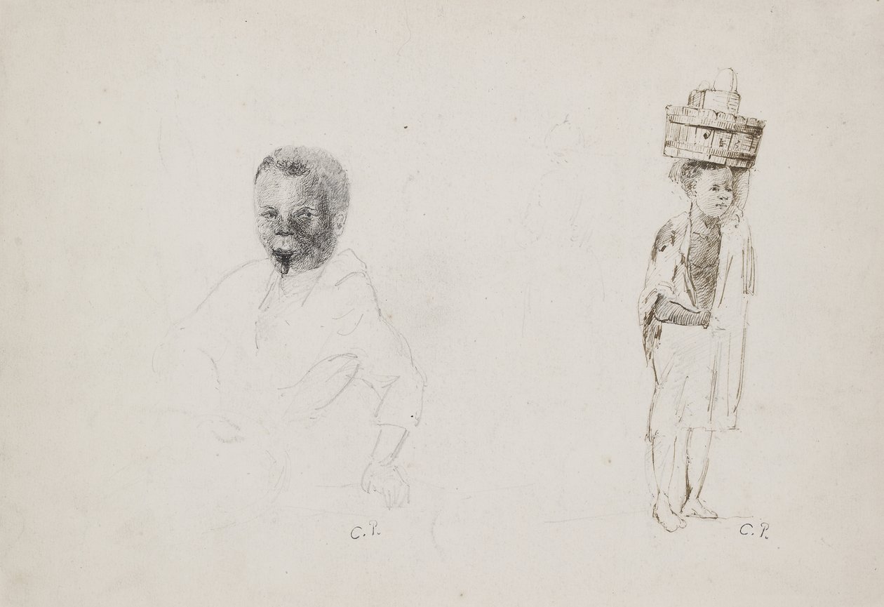 研究两名年轻男孩，女性形象的微弱迹象，1852年（铅笔在纸上用笔和墨水） 作者 卡米尔·雅各布·毕沙罗