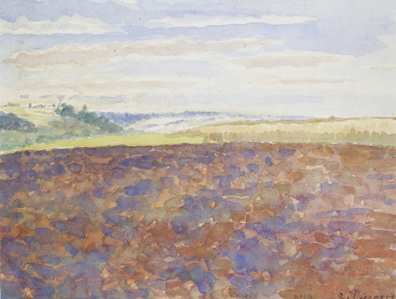 研究带有耕地的景观，Eragny-sur-Epte，c。 1886  -  1890年（水彩笔） 作者 卡米尔·雅各布·毕沙罗