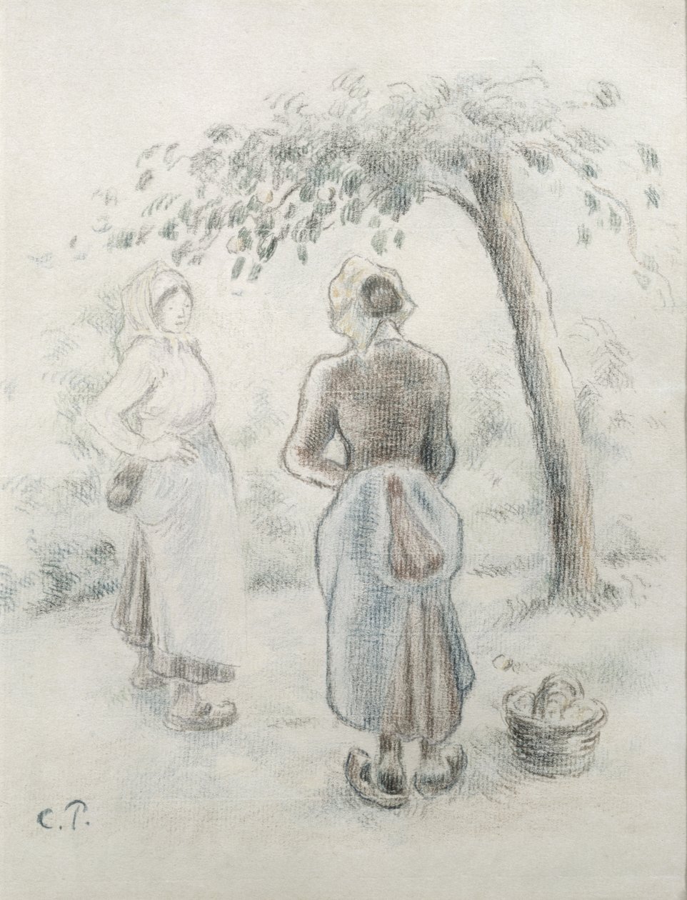 苹果树下的女人，c。 1896年（彩色铅笔在纸上） 作者 卡米尔·雅各布·毕沙罗