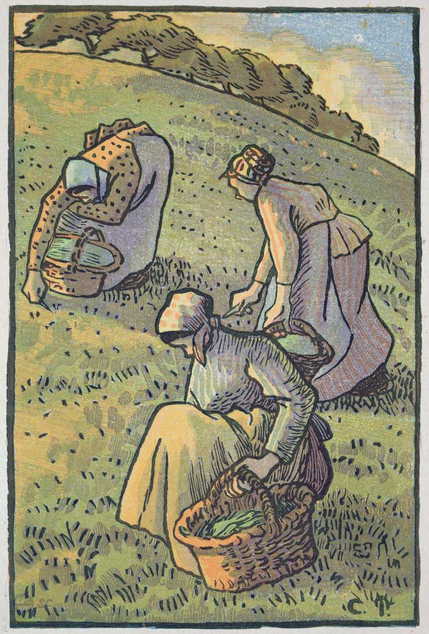 来自&39;Travaux des Champs&39;的女性采集蘑菇，由Lucien Pissarro（1863-1944）刻，于1893年伦敦出版 作者 卡米尔·雅各布·毕沙罗