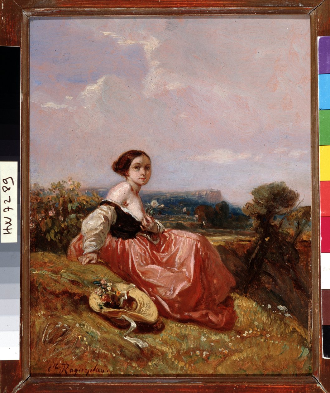 卡米尔·罗克普兰（Camille Roqueplan，1803-1855）在圣山维克多瓦绘画前戴帽子的年轻女孩。 18x23 厘米 强制提及：收藏基金会致敬普罗旺斯、马赛 作者 卡米尔·约瑟夫·艾蒂安·罗克普兰