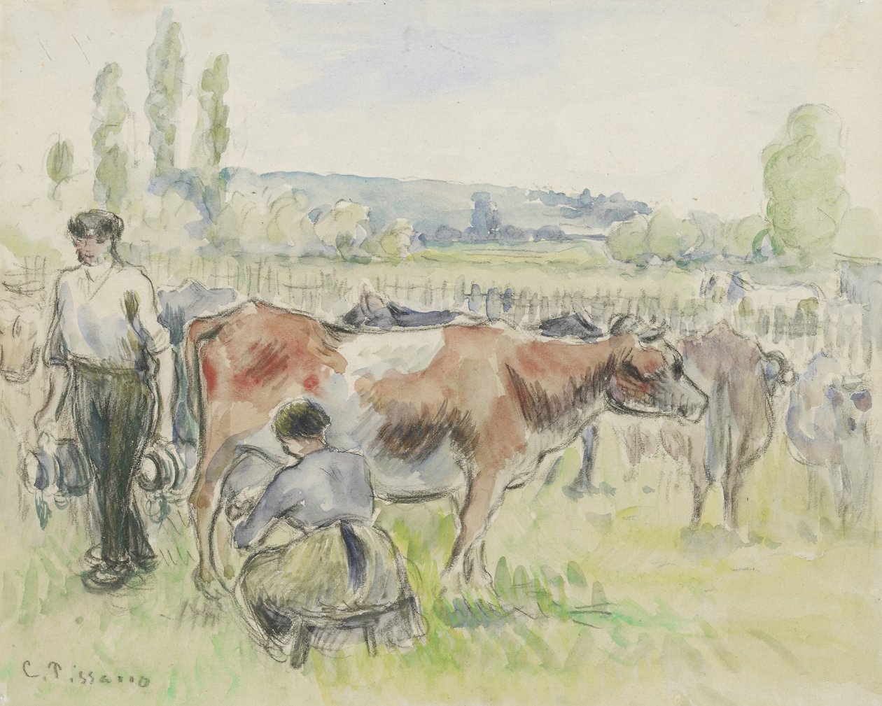 1884年Eragny-sur-Epte挤奶场的成分研究（黑色粉笔上的水彩画） 作者 卡米尔·雅各布·毕沙罗