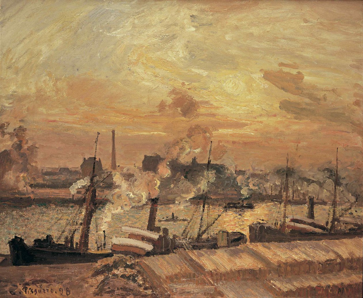 卸货，证券交易所码头，日落，1898年。 作者 卡米尔·雅各布·毕沙罗