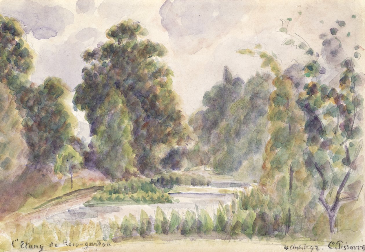 池塘在Kew花园，1892年（在纸上的石墨铅笔上） 作者 卡米尔·雅各布·毕沙罗