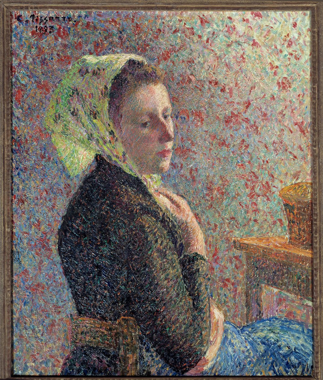 1893 年卡米尔·毕沙罗（Camille Pissarro，1830-1903 年）的画作《戴绿箔的女人肖像》。 1893. 昏暗。 0.65 x 0.54 米。 巴黎，奥赛博物馆 作者 卡米尔·雅各布·毕沙罗