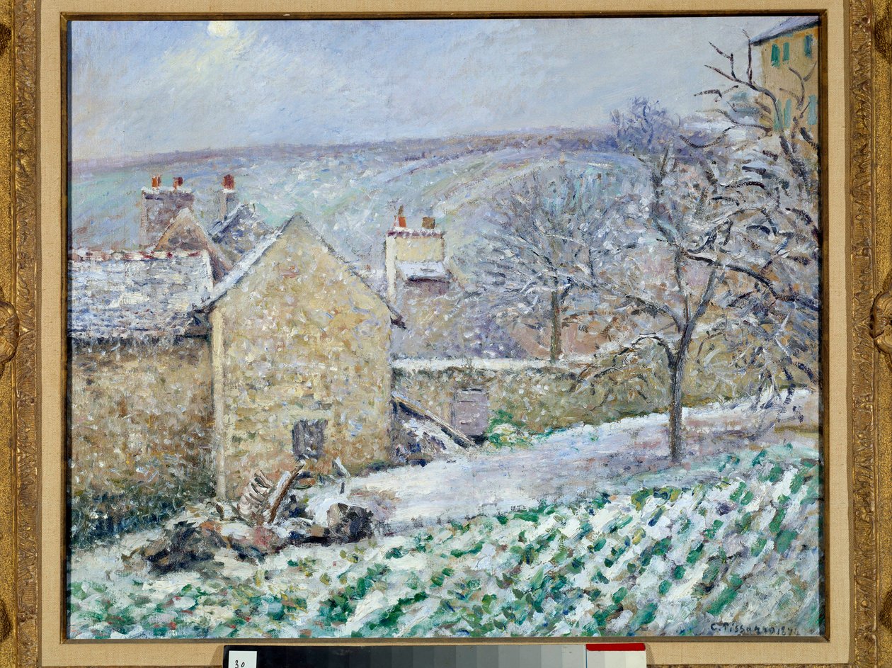 冬宫的雪效果。 卡米尔·毕沙罗 (Camille Pissarro) 的绘画 (1830-1903) 作者 卡米尔·雅各布·毕沙罗