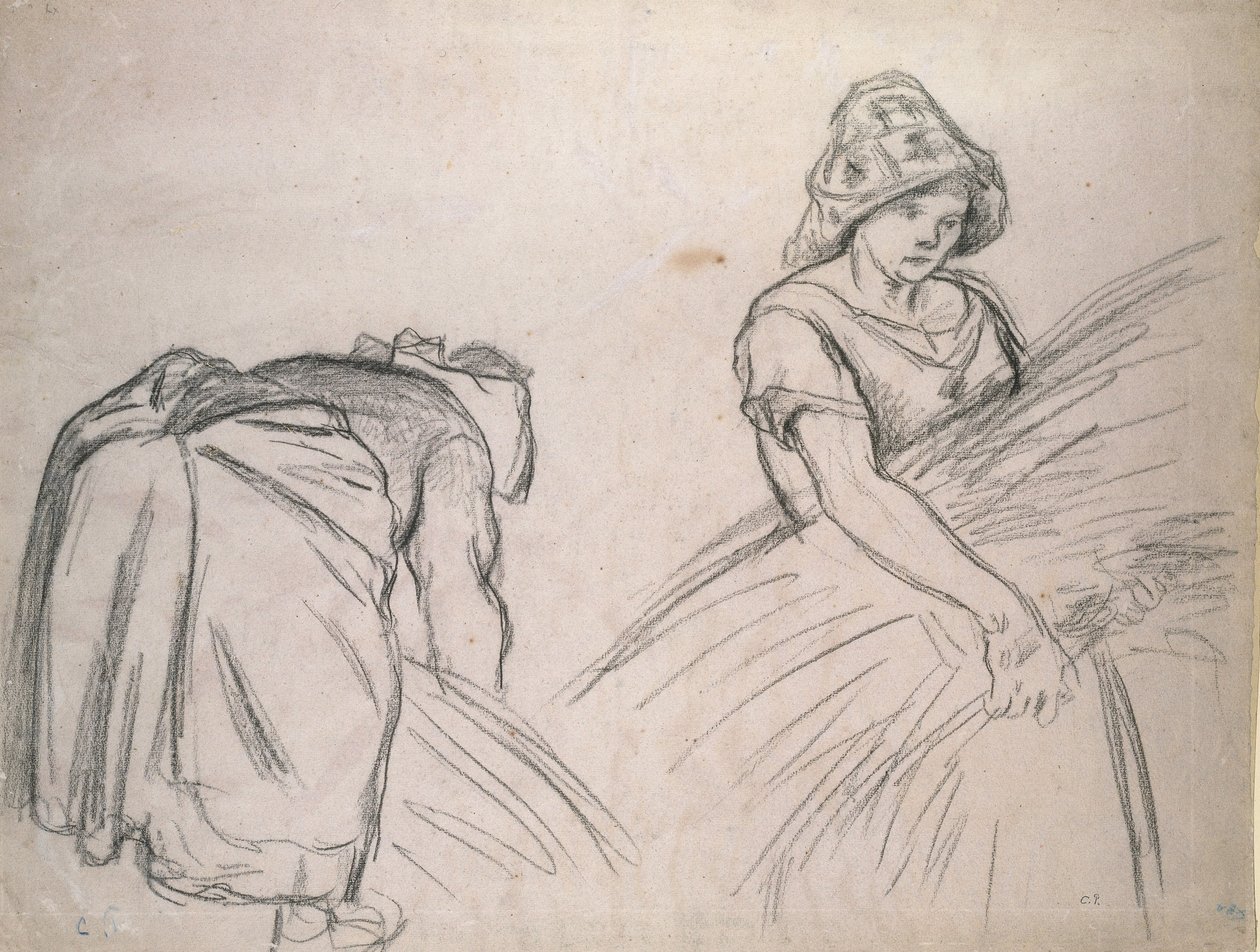 两个女性收割机的研究，1882年（粉红色纸上的黑色粉笔与白色） 作者 卡米尔·雅各布·毕沙罗