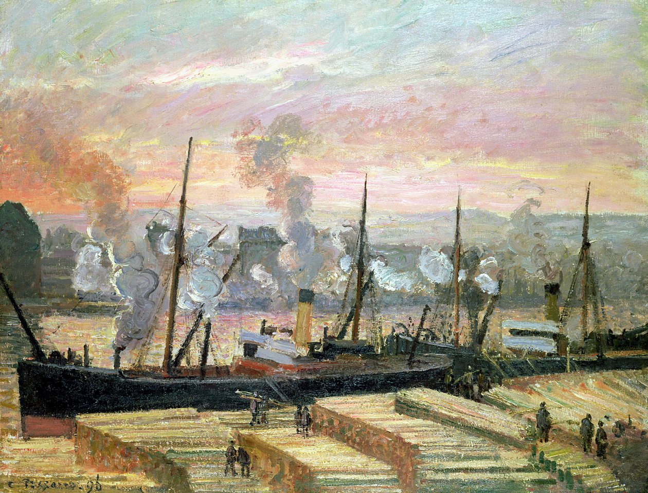鲁昂的日落，船卸木头，1896年 作者 卡米尔·雅各布·毕沙罗