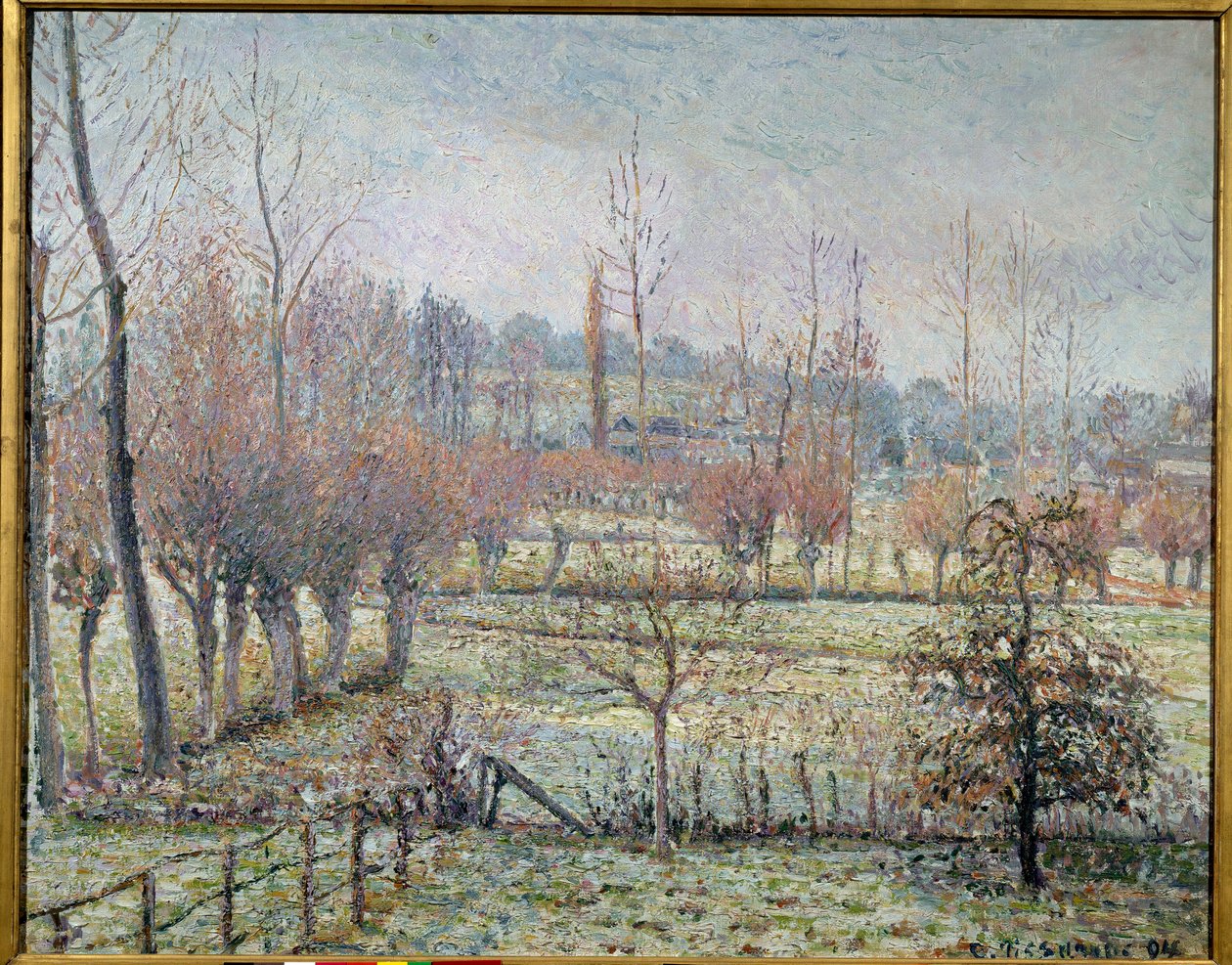 Eragny 的白霜、早晨或雪效果。 卡米尔·毕沙罗 (Camille Pissarro) 的绘画 (1830-1903) 作者 卡米尔·雅各布·毕沙罗