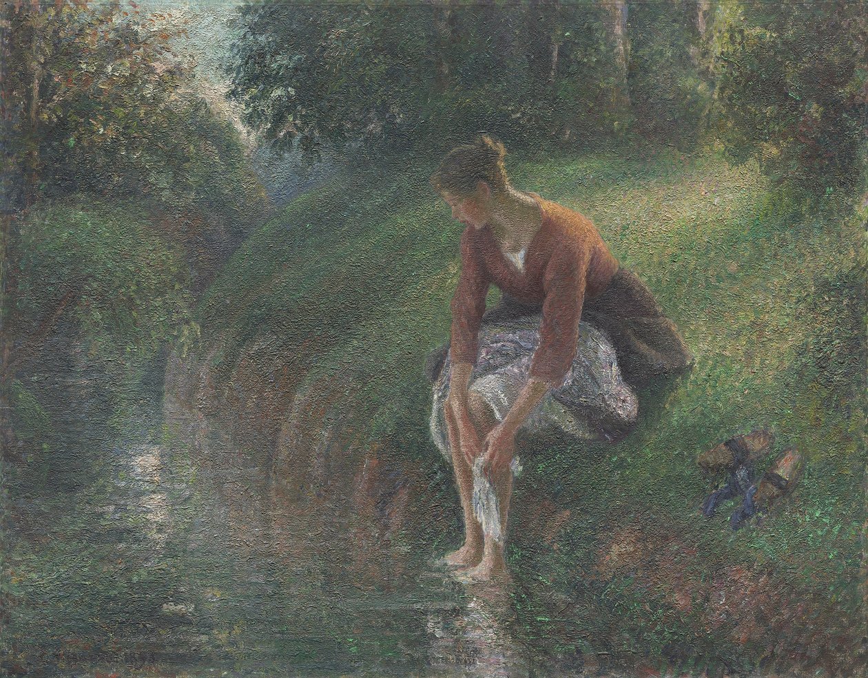 女人在布鲁克洗澡，1894-95年 作者 卡米尔·雅各布·毕沙罗