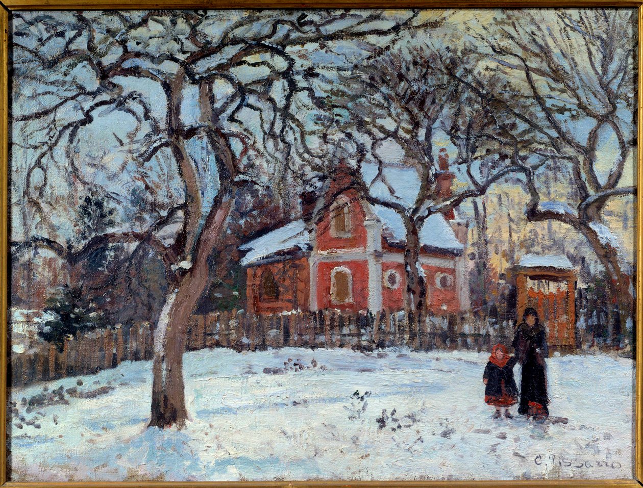 雪中的栗子和 Louveciennes 景观。 卡米尔·毕沙罗 (Camille Pissarro) (1830-1903) 的画作，1872 年 0,41x0,52 m 巴黎，奥赛博物馆 作者 卡米尔·雅各布·毕沙罗