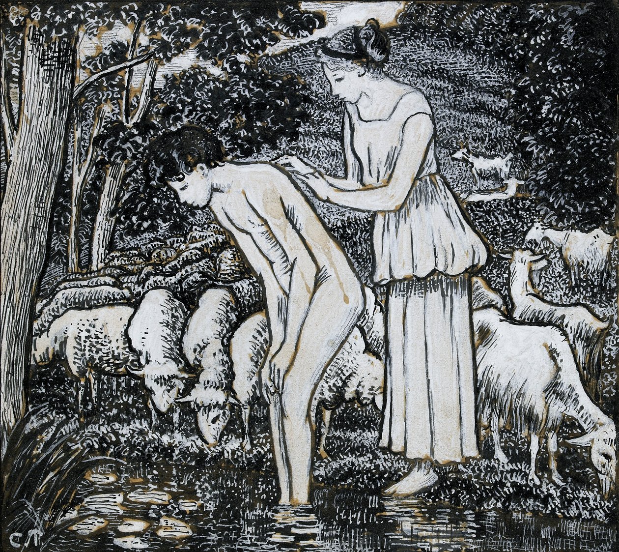 Chloë在溪边为Daphnis洗澡，为一幅插图进行的构图研究，约1895年 作者 卡米尔·毕沙罗