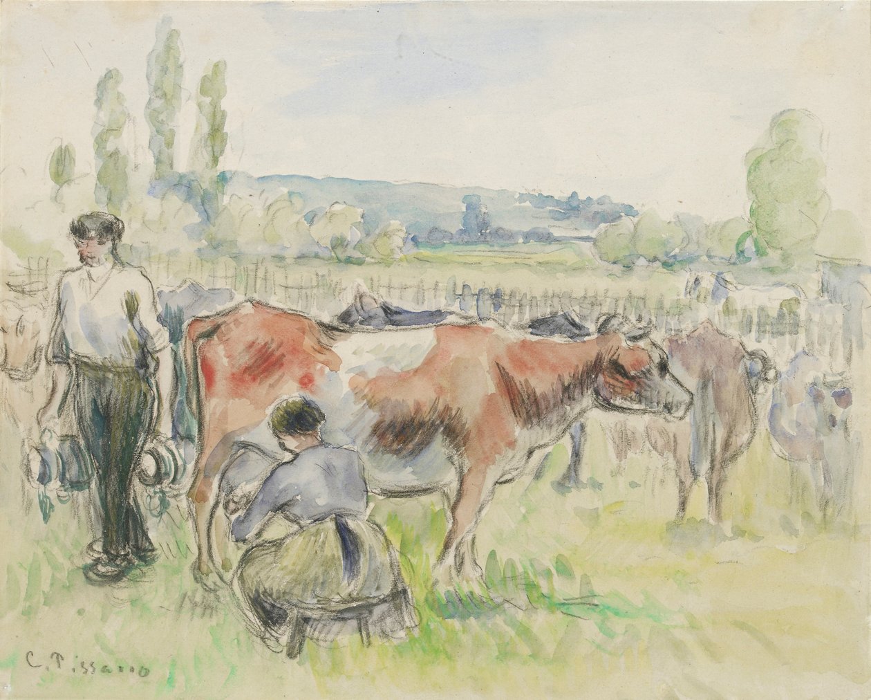 Eragny-sur-Epte的挤奶场景的构图研究，1884年 作者 卡米尔·毕沙罗