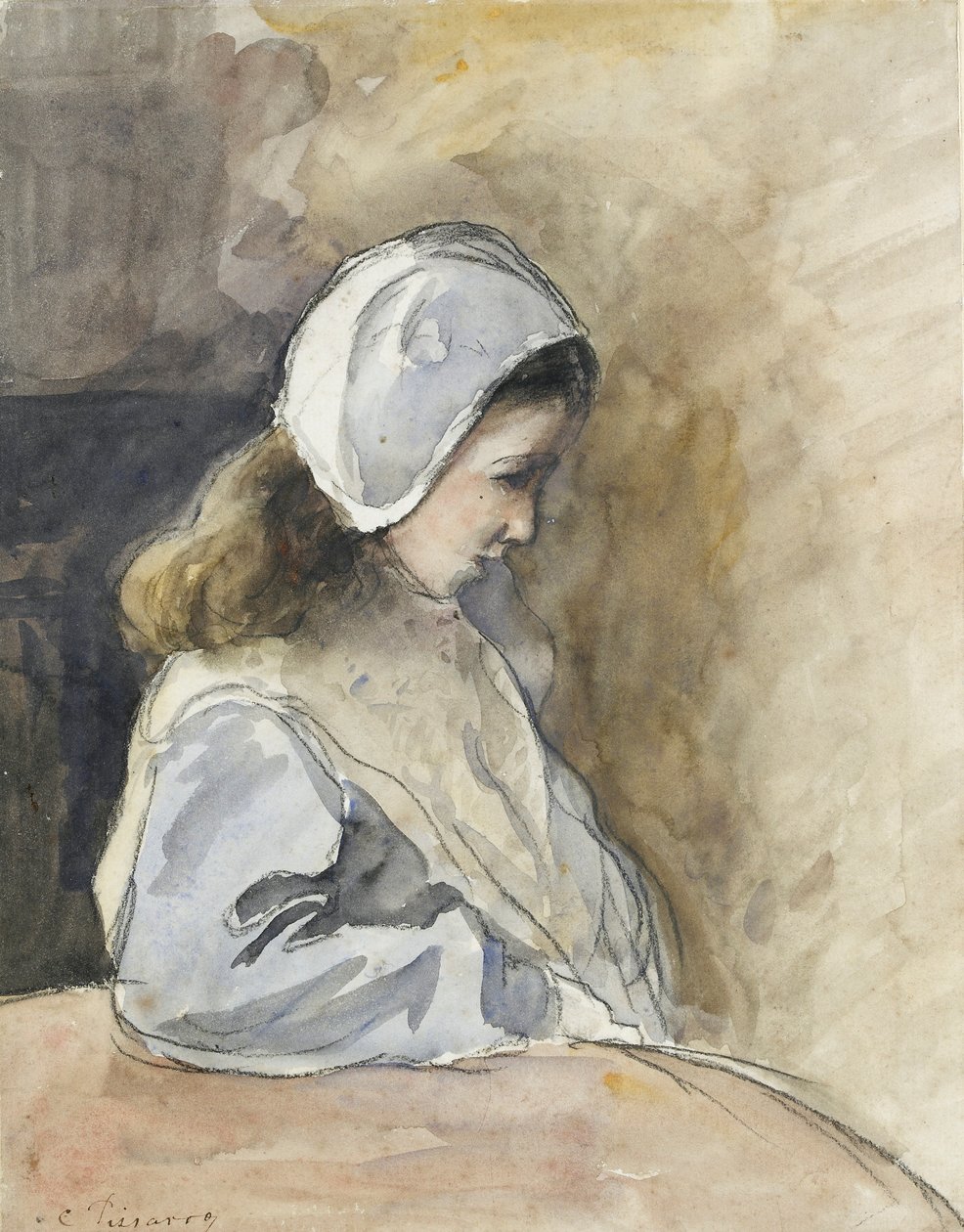 Jeanne-Rachel Pissarro 坐在桌子旁，约1872年 作者 卡米尔·毕沙罗