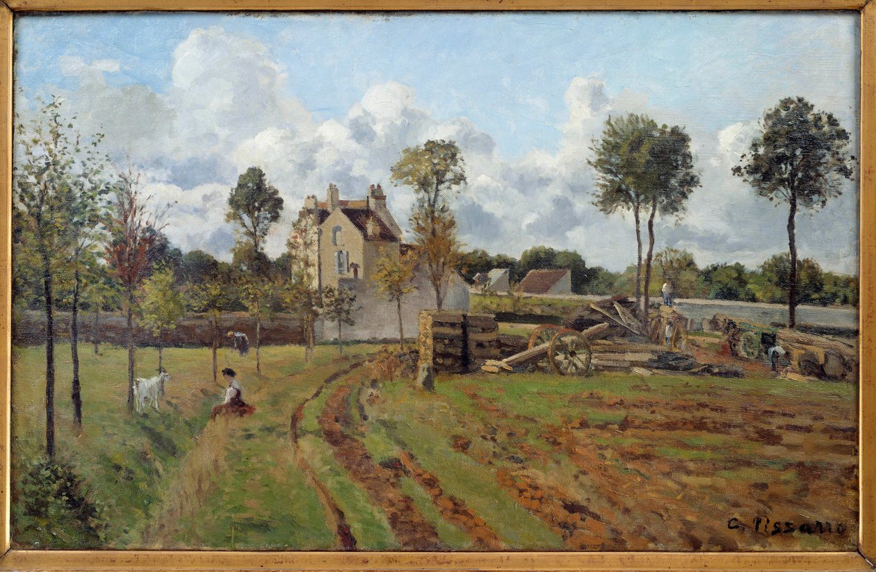 景观。 Louveciennes 的视图。 卡米尔·毕沙罗 (Camille Pissarro) (1830-1903) 的画作，1872 年 0,51x0,81 m 巴黎，奥赛博物馆 作者 卡米尔·雅各布·毕沙罗